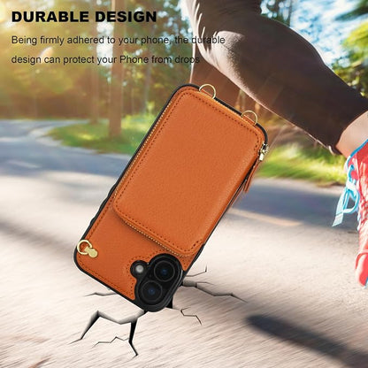 Bocasal Crossbody Wallet Case for iPhone 16 Plus, RFID Blocking Leather Purse Case with Card Holder, Protective Handbag Flip Cover with Zipper Wrist Strap Lanyard for Women 5G 6.7 Inch (Brown)