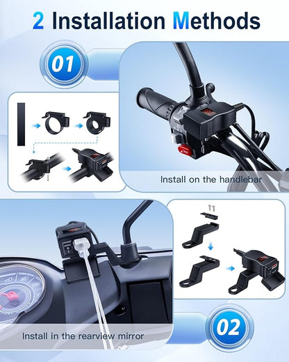 EXTRACTME Motorcycle USB Charger, Dual USB Type C PD & Quick Charge 3.0 Motorcycle Phone Charger with Voltmeter & ON/Off Switch, Waterproof Motorcycle Accessories for All Phone, Tablet, GPS