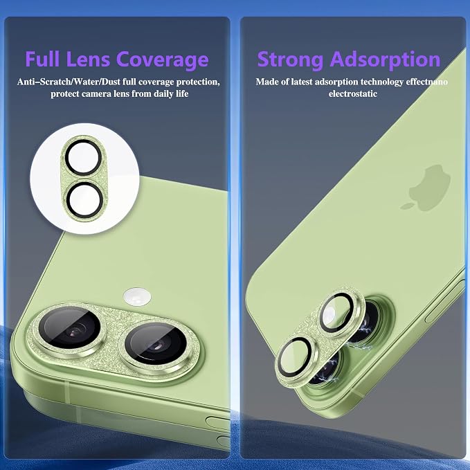 Camera Lens Protector for iPhone 17, Bling Glitter Camera Cover with 9H Tempered Glass Metal Ring, Anti-Scratch Lens Protector for iPhone 17 (Glitter - Green)