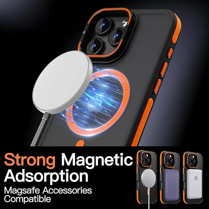 Magnetic case for iPhone 16 Pro [10Ft Military-Grade Protection] Built-in Camera Stand Phone case, Compatible with fit MagSafe Shockproof Slim Thin Cover 6.3 inch,Orange Bumper Stand