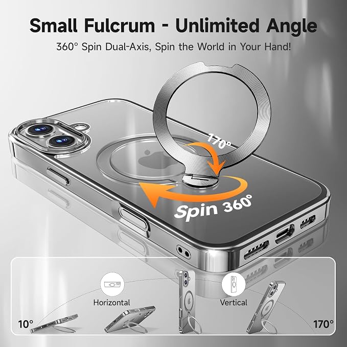[Tri-Shield Protection] for iPhone 16 Case with 360° Spin Stand Compatible with MagSafe [Magnetic CD Ring] [Screen & Camera Lens Protector] Shockproof Plating Never-Yellowing, Natural Titanium-6.1"
