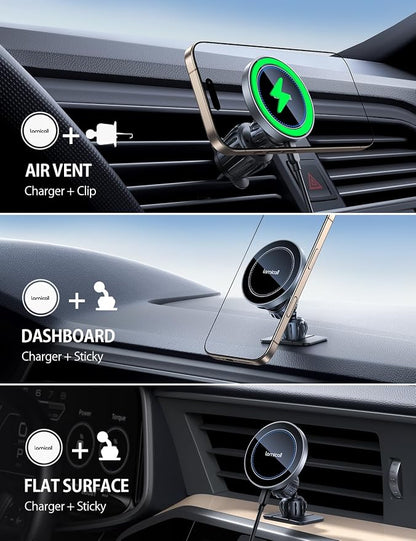 Lamicall 15W for MagSafe Car Mount Charger - [20X Strong Magnets] Wireless Car Phone Holder Charger, Magnetic Phone Holders for Car Vent Dash Accessories for Women Men for iPhone 17 Pro Max Silver
