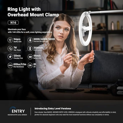NEEWER Entry Level Version 10" 7W LED Selfie Ring Light with Desk Clamp Stand Phone Holder for iPhone, Laptop Video Conference Streaming Recording Makeup Lighting, 3 Tones 3000mAh Rechargeable, N16