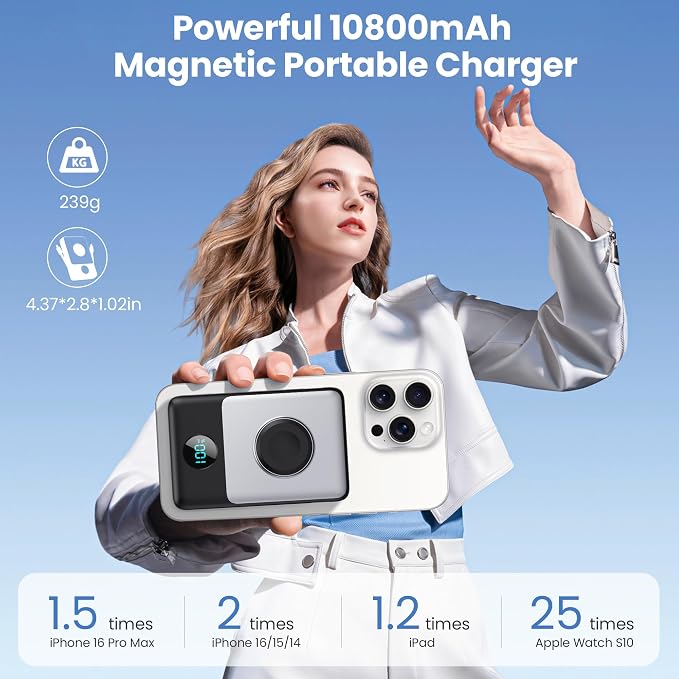 6 in 1 Magnetic Portable Charger for iPhone with Built-in Cables, 10800mAh 25W PD Fast Charging Power Bank, 6 Outputs Travel Essential Battery Pack for iPhone 17/16/15/14/13/12 Series,Apple Watch