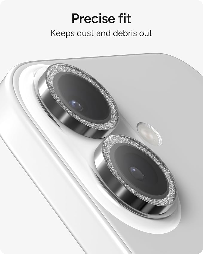 ZAGG iPhone Camera Lens Protector for iPhone 17/16/ 16 Plus - Silver Glitter, Camera Ring, Maximum Impact & Scratch Protection, Anti-Reflective Technology, Smudge-Resistant, Precise Fit, Glass Elite