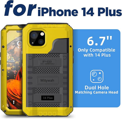 Mitywah Waterproof Case for iPhone 14 Plus, Heavy Duty Shockproof Case with Built-in Screen Protector, Full Body Underwater Protective Metal Case 6.7 inch, Yellow
