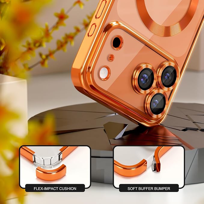 Misea Magnetic for iPhone 17 Pro Max Case Compatible with MagSafe [Never Yellowing] [Military Grade Drop Protection] Full Camera Lens Protector Plating Soft Clear Phone Case for Women, Cosmic Orange