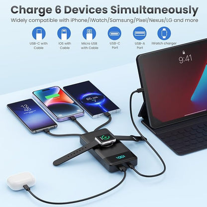 Portable Charger 10800mAh QC4.0+PD 25W Fast Charging USB C Power Bank,6 Outputs LCD Display Travel Battery Pack Compatible with iPhone 16/15/14/13, Android etc