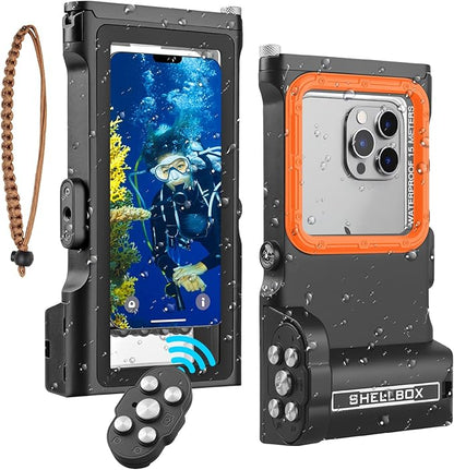 Universal Underwater Diving Phone Case with Bluetooth Controller, IP68 50FT Waterproof for iPhone 17 (Standard Only), iPhone 16/15/14/13/12/11 & Galaxy S24/S23/S22, Black+Orange