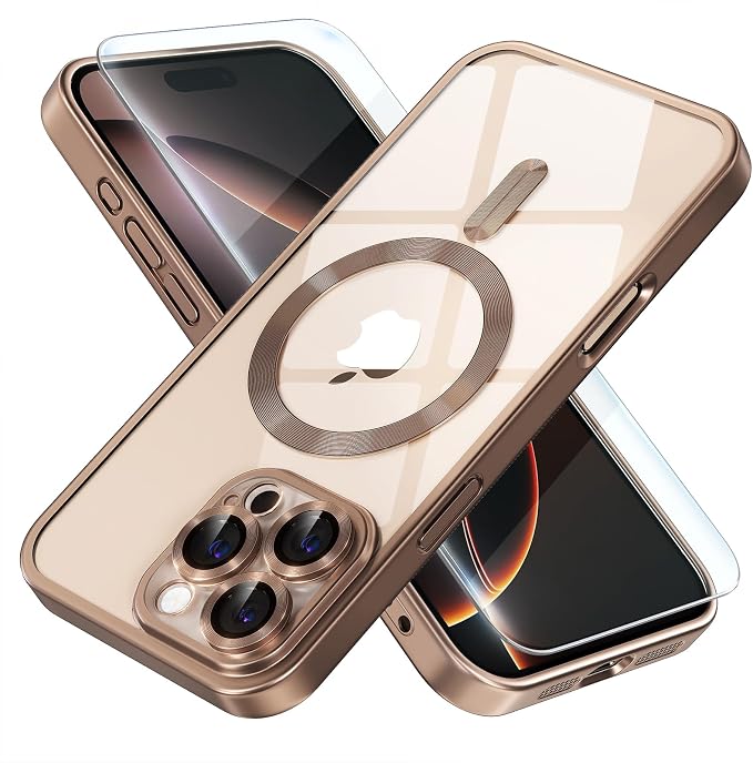 Misea Magnetic for iPhone 16 Pro Case Compatible with MagSafe [Never Yellowing] [Military Grade Drop Protection] Full Camera Lens Protector Plating Soft Clear Phone Case for Women, Titanium Desert