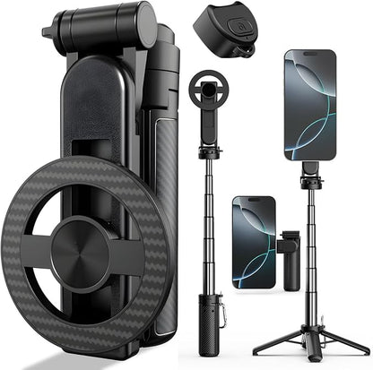 4-in-1 Multifunctional 360° Rotation Magnetic Selfie Stick, Mini Portable Extendable Phone Tripod with Remote and Metal Ring for iPhone & Android, for Travel Vlog Live Streaming (Black)