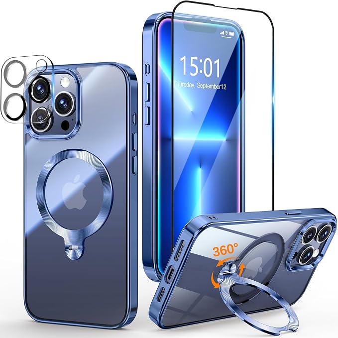 [Tri-Shield Protection] for iPhone 13 Pro Case with 360° Spin Stand Compatible with MagSafe [Magnetic CD Ring] [Screen & Camera Lens Protector] Shockproof Plating Never-Yellowing, Blue-6.1"