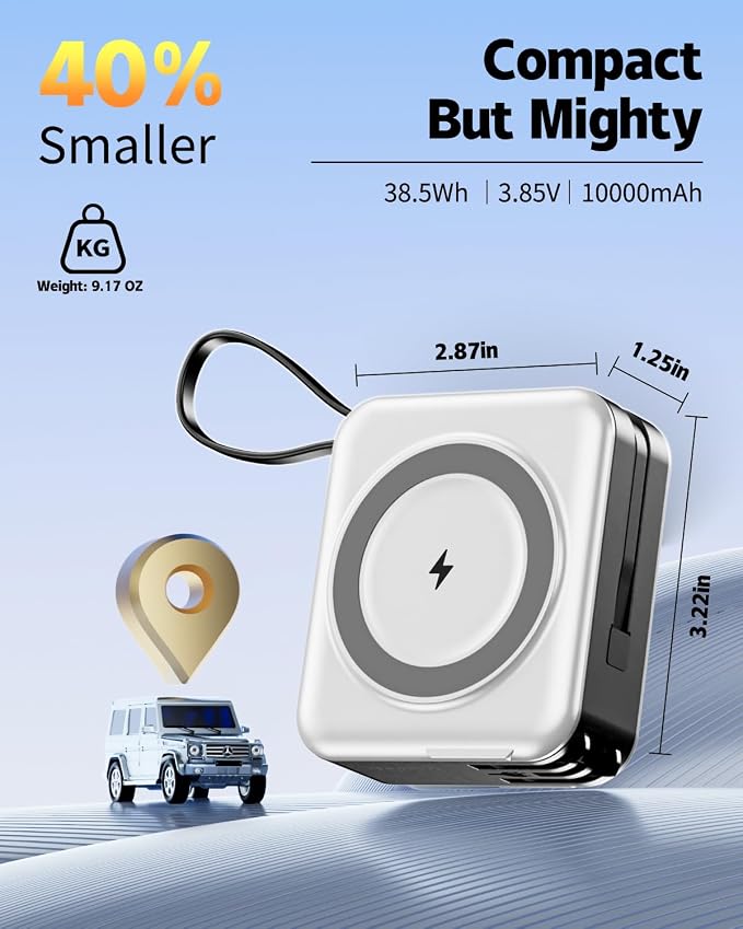 for Magsafe Portable Charger with Built-in Cables and AC Wall Plug, 10000mAh Magnetic Wireless Power Bank 22.5W Type-C in & Out Fast Charging Battery Pack for iPhone 17/16/15/14/13/12 Series, White