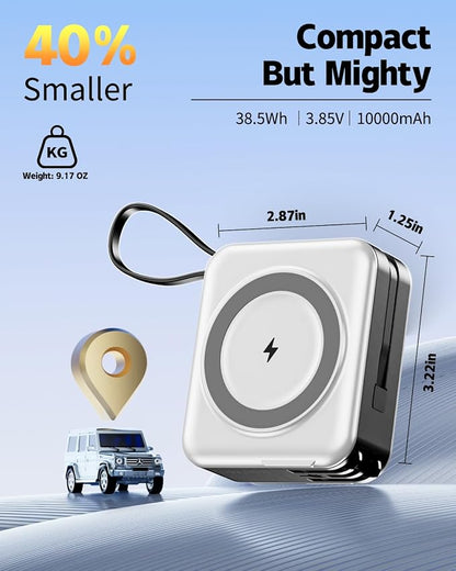 for Magsafe Portable Charger with Built-in Cables and AC Wall Plug, 10000mAh Magnetic Wireless Power Bank 22.5W Type-C in & Out Fast Charging Battery Pack for iPhone 17/16/15/14/13/12 Series, White