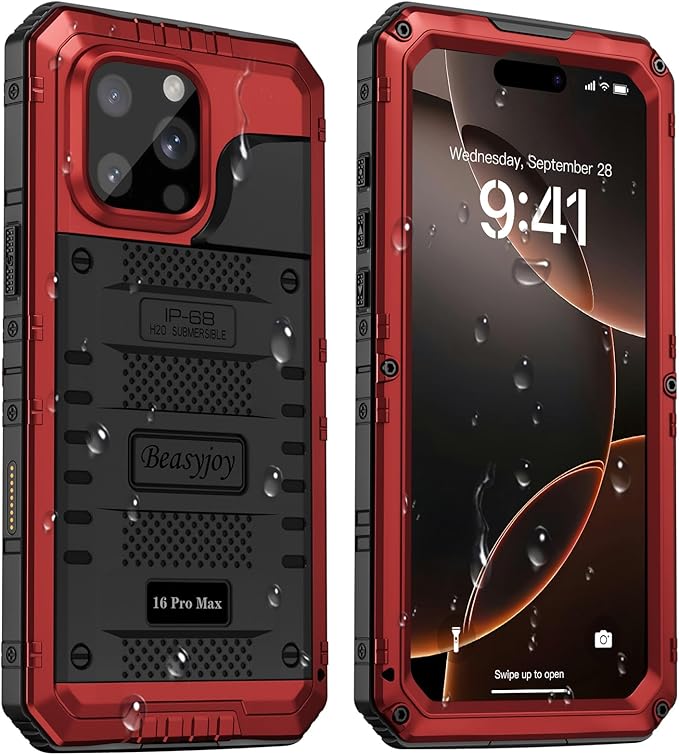 Beasyjoy for iPhone 16 Pro Max Case Waterproof, Metal Heavy Duty Full Body Protective Case with Built-in Screen Protector, Military Grade Shockproof Defender Cover for iPhone 16 Pro Max 6.9", Red