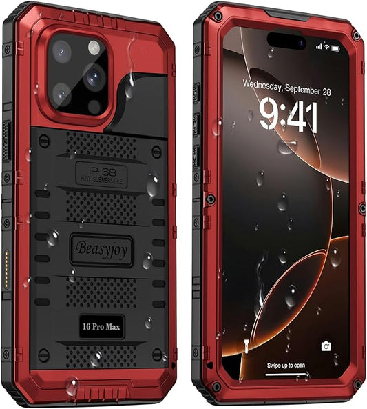 Beasyjoy for iPhone 16 Pro Max Case Waterproof, Metal Heavy Duty Full Body Protective Case with Built-in Screen Protector, Military Grade Shockproof Defender Cover for iPhone 16 Pro Max 6.9", Red