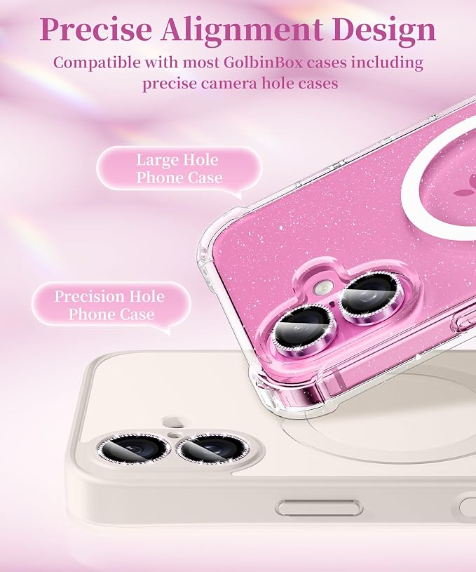 GolbinBox Camera Lens Protector for iPhone 17/16/16 Plus, 1:1 Invisible Fit, 9H Tempered Glass Ultra HD Metal Individual Camera Cover for Women, Case Friendly, Bling/Hot Pink