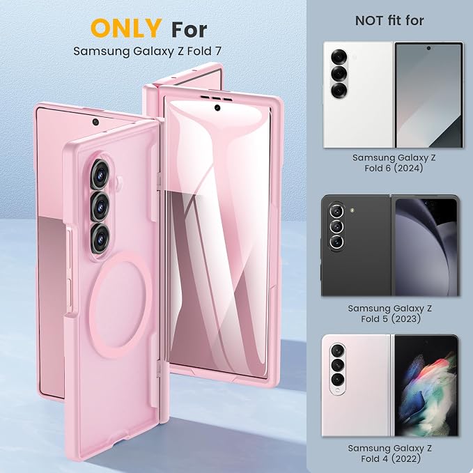 Caka Magnetic for Samsung Galaxy Z Fold 7 Case with Hinge Protection Pink | Compatible with MagSafe, Built-in Outer Screen Protector, Hinge Guard, Translucent Matte Back, 360° Hybrid Drop Defense