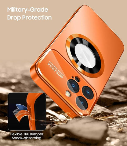 Magnetic for iPhone 15 Pro Max Case, Compatible with MagSafe, Built-in Camera Lens Protector, Logo View, Military Grade Drop Proof Phone Cover, Orange