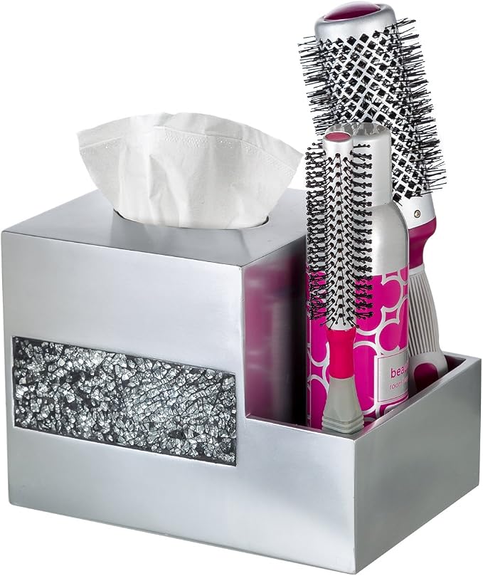 Crackled Glass Tissue Box Cover Square Silver Decorative Multi-function Storage Organizer Caddy; Tissue Box Holder & Countertop Nightstand Bedside Table Organizer Makeup, Phone, Remote Control Holder