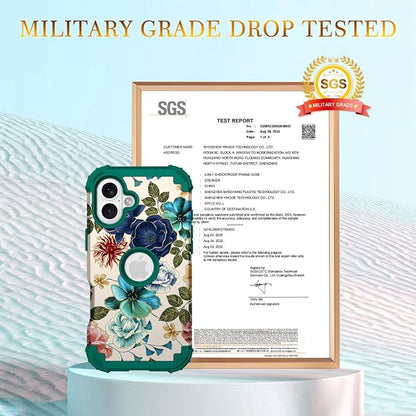 Hocase for iPhone 16 Plus Case 6.7", Heavy Duty Shockproof Protection Soft Silicone Rubber+Hard Plastic Bumpers Hybrid Protective Case for iPhone 16 Plus 2024 - Teal Flowers