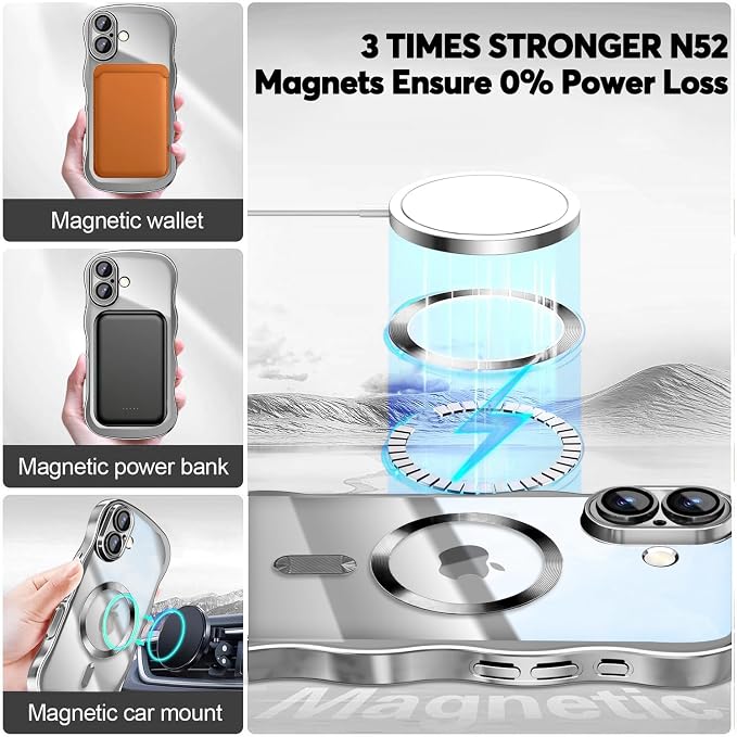 Misscase for iPhone 17 Case with Privacy Screen Protector,Compatible with MagSafe,Cute Wave Frame Anti-Scratch Case with Camera Lens Protector Plating Bling Case for iPhone 17 6.3" Women Silver
