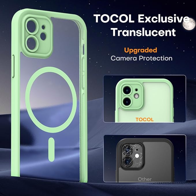 TOCOL for Phone 12 Case, Compatible with Magsafe Charger, Full Camera Protection, Drop Protection, Translucent Matte Phone Case for iPhone 12 6.1 inch (Light Green)