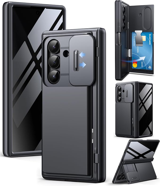 TONGATE Wallet for Z Fold 7 Case with Privacy Screen Protector, [4-Card Holder][Anti Spy] Built-in Large Stand & Slide Camera Cover Z7 Shockproof Phone Case for Samsung Galaxy Z Fold 7 2025 8", Black