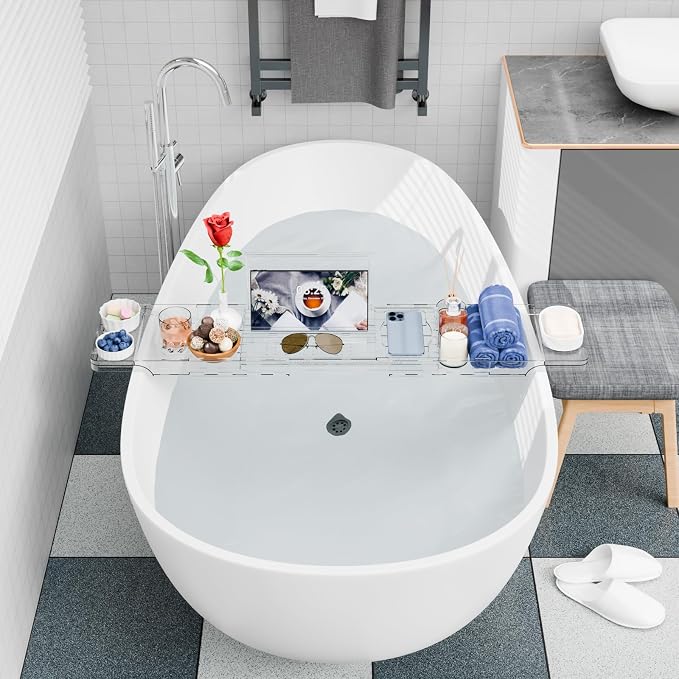 Yieach Luxury Clear Acrylic Bathtub Tray with Book Holder,Expandable Bath Tray for Tub and Bath Shelf Over Tub,Plastic Bath Table & Board,Bath Caddy Trays & Accessories for Women Relaxing Spa Gifts