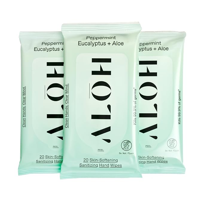 ALŌH Peppermint Eucalyptus + Aloe Sanitizing Hand Wipes - Clean Hands, Clear Mind On The Go Sanitizer for Kids and Adults - Travel Size 3 Pack 20ct Wipes (60 Wipes)