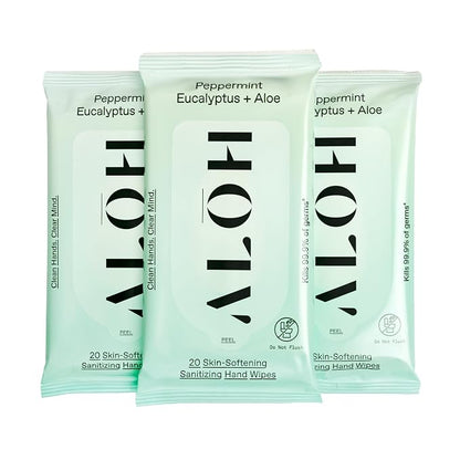 ALŌH Peppermint Eucalyptus + Aloe Sanitizing Hand Wipes - Clean Hands, Clear Mind On The Go Sanitizer for Kids and Adults - Travel Size 3 Pack 20ct Wipes (60 Wipes)