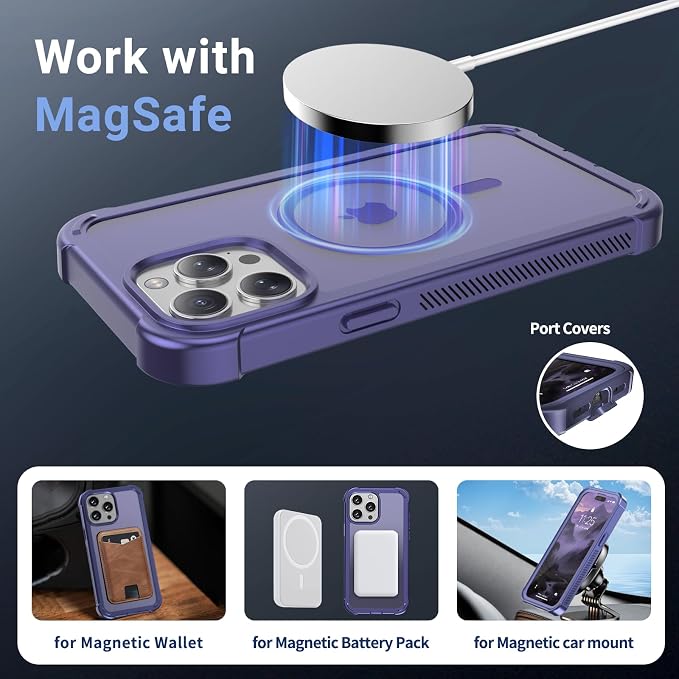 jaroco Magnetic for iPhone 15 Pro Max Case, [Compatible with MagSafe][Military Grade Drop Protection][Heavy Duty Protection][Non-Slip][Shockproof] 2-Layer Durable Bumper Phone Case 6.7''-Dark Purple
