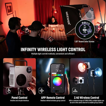 NEEWER 80W RGBWW LED Video Light with 72Wh Battery, 100W PD Fast Charger, APP/2.4G Control, 10400lux/m 2500K-7500K, Mini RGB Bowens Mount Studio Photography Recording Continuous Output Lighting, HB80C