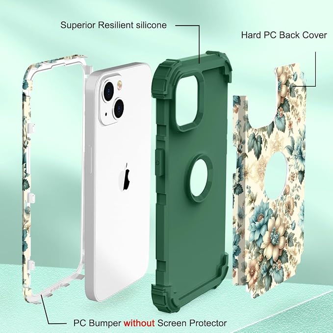 Hocase for iPhone 14 Case/iPhone 13 Case, Heavy Duty Shockproof Protection Soft Silicone Rubber+Hard Plastic Bumpers Hybrid Protective Case for iPhone 13/14 (6.1") - Teal Blue Flowers
