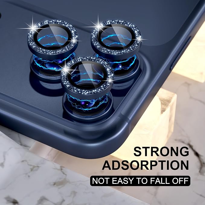 Choiche Compatible for iPhone 17 Pro/iPhone 17 Pro Max Camera Lens Protector Bling, 9H Tempered Glass Camera Cover Screen Protector Metal Ring Decoration Accessories (Glitter-Blue)