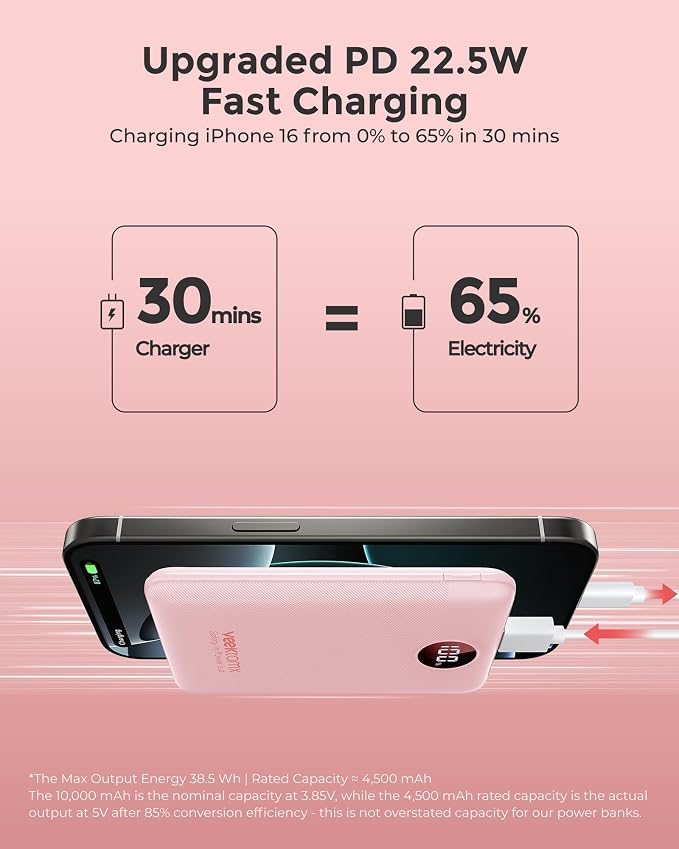 Portable Charger 10000mAh, Ultra Slim Power Bank Fast Charging with Attached USB C Cable, Travel Essential Phone Power Bank Battery Pack for iPhone 17/16/15/14 Samsung S25 Google etc, Pink