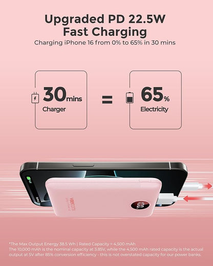 Portable Charger 10000mAh, Ultra Slim Power Bank Fast Charging with Attached USB C Cable, Travel Essential Phone Power Bank Battery Pack for iPhone 17/16/15/14 Samsung S25 Google etc, Pink