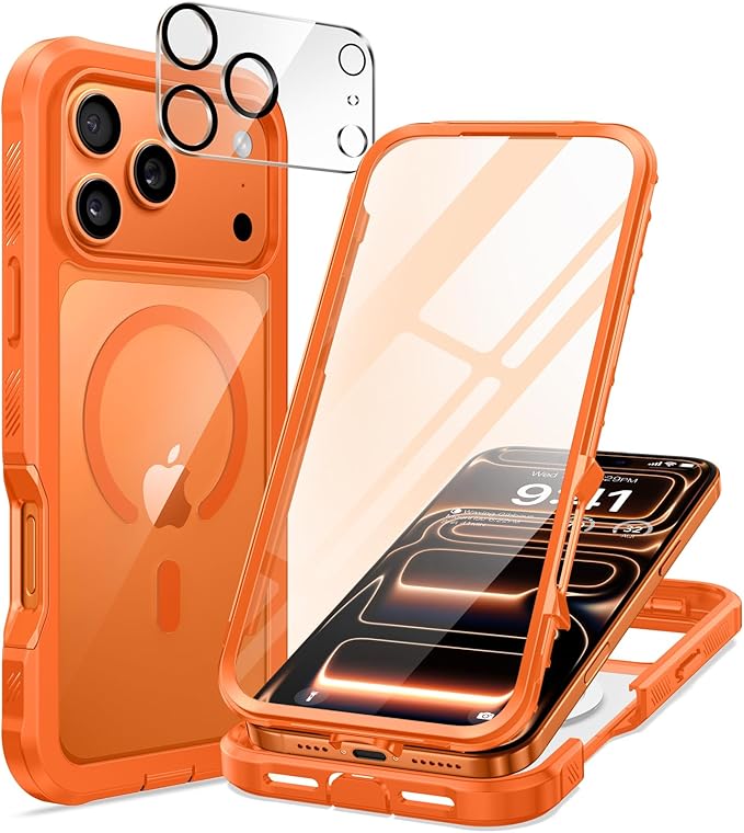 seacosmo for iPhone 17 Pro Max Case, Full Body Bumper with Built-in Tempered Glass Screen and Camera Lens Protector, Compatible with MagSafe, Shockproof 17 Pro Max Phone Case, 6.9", Orange