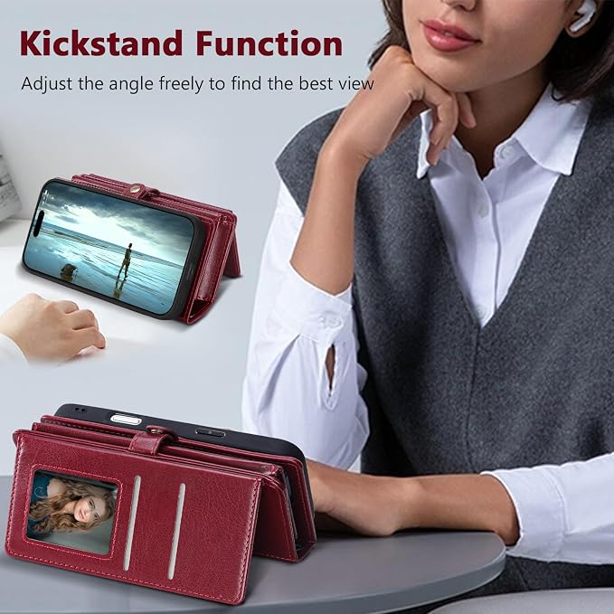 Wallet Case for iPhone 16 with Card Holder/Crossbody Wallet/Strap| RFID Blocking | Magnetic | Kickstand | Detachable | PU Leather Phone Case for iPhone 16,6.1 in,Wine Red