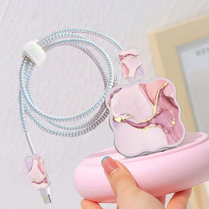 CameCosy DIY Phone Charger Cover Storage Sets USB Earphone Wire Saver Cable Organizer with Travel Storage Bag, Soft Cute Cable Protector Cord Organizer Compatible for iPhone(Pink Marble)