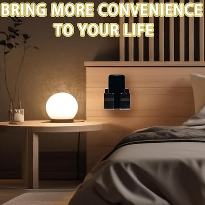 2 Pcs Wall Mount Phone Holder with 3M Adhesive Phone Stand with Data Cable Receiving Hole, Charger Remote Control Storage Box for Bedroom, Kitchen, Bathroom, Office (Black)