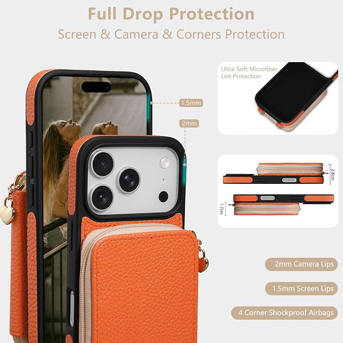 Keallce Case for iPhone 17 Pro 6.3'' Case Wallet, Crossbody Zipper Purse with RFID Blocking Card Slots Kickstand, Lanyard & Handstrap Flip Folio Leather Phone Cover for iPhone 17 Pro, Orange