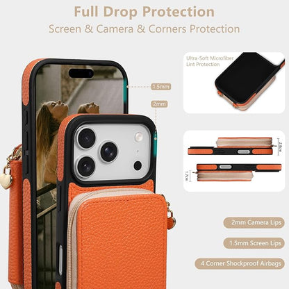 Keallce Case for iPhone 17 Pro 6.3'' Case Wallet, Crossbody Zipper Purse with RFID Blocking Card Slots Kickstand, Lanyard & Handstrap Flip Folio Leather Phone Cover for iPhone 17 Pro, Orange