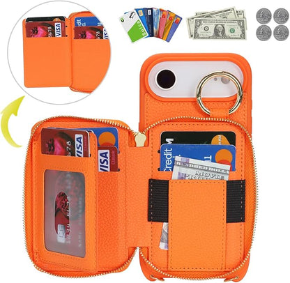 Crossbody Wallet Case for iPhone Air, PU Leather Zipper Handbag Purse Flip Cover, Kickstand Folio Case with Card Slots Holder Wrist Strap Lanyard 5G 6.5 Inch-Orange