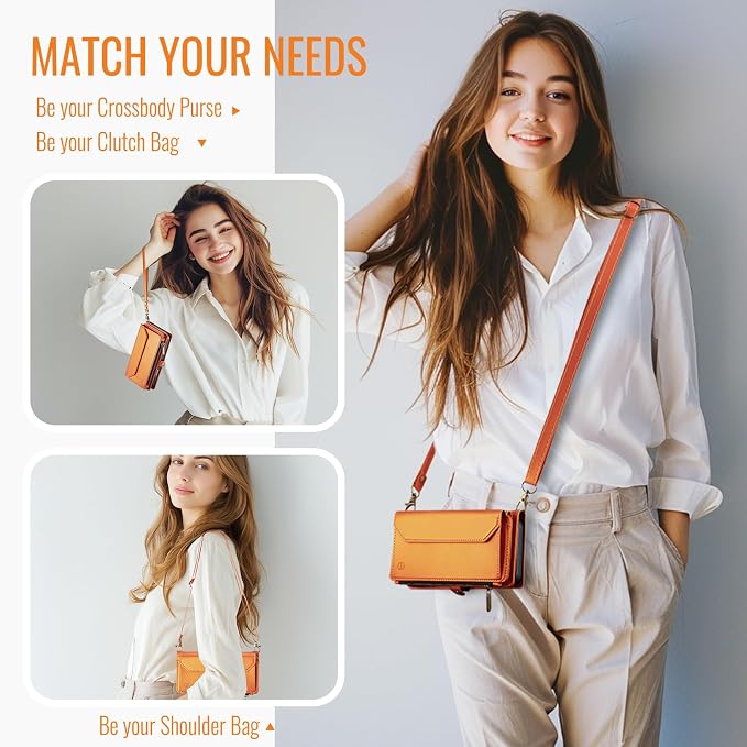 Strapurs Wallet Case Compatible with iPhone 16 Pro Max 6.9" RFID Blocking 10-Card Holder Soft PU Leather Magnetic Snap Shoulder Strap Zipper Pocket Phone Case Fit for iPhone 16 Pro Max - Orange