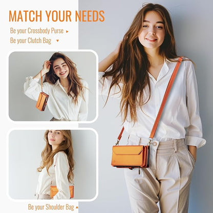 Strapurs Wallet Case Compatible with iPhone 17 6.3" RFID Blocking 9-Card Holder Soft PU Leather Magnetic Snap Shoulder Strap Zipper Pocket Phone Case Fit for iPhone 17 for Women - Orange