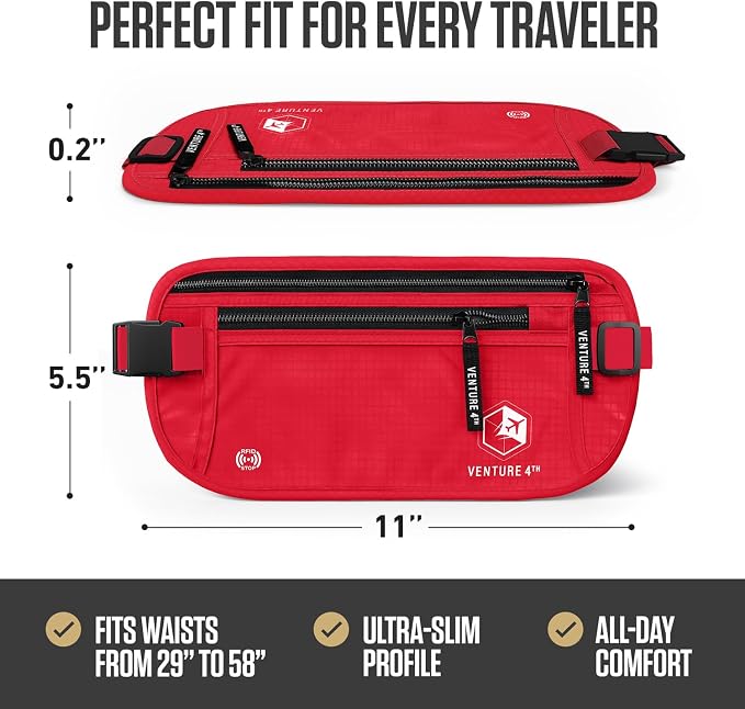 VENTURE 4TH Money Belt for Travel – Hidden Under-Clothes RFID Blocking Passport Holder & Slim Travel Wallet Pouch for Men & Women to Protect Cash, Cards & Documents (Red)