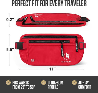 VENTURE 4TH Money Belt for Travel – Hidden Under-Clothes RFID Blocking Passport Holder & Slim Travel Wallet Pouch for Men & Women to Protect Cash, Cards & Documents (Red)