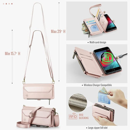 Strapurs Crossbody Wallet Case Compatible with iPhone SE/7/8 RFID Blocking 7-Card Holder Soft PU Leather Magnetic Snap Shoulder Strap Zipper Pocket Phone Cases Fit for iPhone SE 2020 2022 - Rose Gold