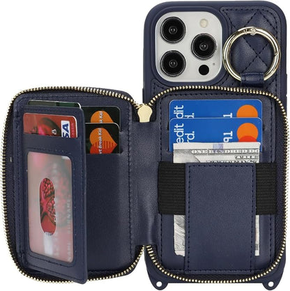 Crossbody Wallet Case for iPhone 14 Pro Max, PU Leather Zipper Handbag Purse Flip Cover, Kickstand Folio Case with Card Slots Holder Wrist Strap Lanyard 5G 6.7 Inch-Blue